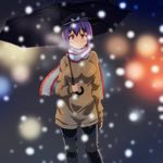  arm_at_side black_hat black_pants black_umbrella blurry blurry_background breath cato_(monocatienus) commentary_request cowboy_shot eyebrows_visible_through_hair hat looking_at_viewer nagae_iku pants pantyhose purple_hair red_eyes scarf short_hair smile snowing solo sweater touhou umbrella 