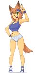  2018 alpha_channel bra brown_hair canine claws clothing female footwear green_eyes hair hand_on_hip headband hi_res kobold looking_at_viewer mammal midriff monster_musume one_eye_closed open_mouth open_smile polt_(monster_musume) shoes simple_background skecchiart smile solo sports_bra sweatband transparent_background underwear v_sign wink 