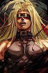  bare_shoulders belt_collar blindfold blonde_hair covered_eyes detached_sleeves facing_viewer guilty_gear hankuri long_hair male_focus muscle open_mouth solo upper_body zato-1 