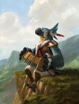  2018 3_toes 5_fingers accordion anklet anthro avian beak black_beak black_feathers blue_feathers breath_of_the_wild claws cliff clothed clothing cloud day digital_media_(artwork) eyes_closed feather_hands feathers front_view grass happy hax_(artist) holding_object jewelry kass_(zelda) kenket lofi male markings music_sheet musical_instrument nintendo outside playing_music red_feathers rito sitting sky smile solo tail_feathers talons the_legend_of_zelda toe_claws toes tribal video_games watermark white_feathers yellow_feathers 