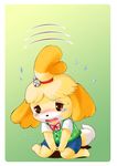  animal_crossing bell blonde_hair canine clothing crying dog edmol female fluffy fluffy_ears fluffy_tail fur green_background hair isabelle_(animal_crossing) mammal nintendo open_mouth orange_hair sad simple_background sitting sweat tears transformation video_games white_fur yellow_fur 