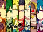  blonde_hair blue_(saga_frontier) blue_eyes column_lineup commentary_request em_crazy emilia_(saga_frontier) long_hair lute_(saga_frontier) mecha multiple_boys multiple_girls red_(saga_frontier) riki_(saga) saga saga_frontier short_hair t260g_(saga) 