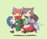  animal_ears bangs blue_bow blue_eyes blue_hair bow brown_footwear brown_hair carrying commentary_request covered_mouth dress drill_hair grass_root_youkai_network green_background green_kimono hair_bow head_fins imaizumi_kagerou japanese_clothes kimono long_hair mermaid monster_girl multiple_girls red_eyes red_footwear red_hair running sasa_kichi sekibanki shoes short_hair simple_background touhou wakasagihime wolf_ears 