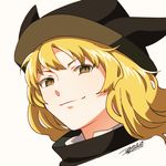  2017 bangs black_hat blonde_hair brown_eyes brown_hat closed_mouth colored_eyelashes dated eyebrows eyebrows_visible_through_hair eyelashes hat long_hair matara_okina multicolored multicolored_clothes multicolored_hat portrait shikido_(khf) simple_background smile solo touhou white_background 