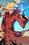  blonde_hair blue_sky cowboy_shot cross day earrings glasses gloves gun handgun highres holding holding_gun holding_weapon jewelry long_coat male_focus revolver rtil sky solo spiked_hair sunglasses trigun vash_the_stampede weapon 