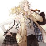  1girl arm_hug bag beads blonde_hair blue_eyes brother_and_sister casual closed_mouth final_fantasy final_fantasy_xv ginmu hand_on_hip jacket jewelry looking_at_viewer lunafreya_nox_fleuret necklace ravus_nox_fleuret shopping_bag siblings skirt smile 