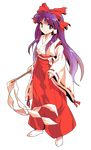  alphes_(style) bangs bow closed_mouth dairi detached_sleeves eyebrows eyebrows_visible_through_hair full_body gohei hair_between_eyes hair_bow hair_tubes hakama hakurei_reimu hakurei_reimu_(pc-98) haori holding japanese_clothes long_hair long_sleeves pants parody red_bow red_hakama red_pants ribbon-trimmed_clothes ribbon-trimmed_sleeves ribbon_trim shide sleeves_past_wrists smile socks solo standing style_parody touhou touhou_(pc-98) transparent_background white_bow white_legwear wide_sleeves 