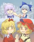  aki_minoriko aki_shizuha autumn_leaves bangs blonde_hair blue_dress blue_eyes blue_hair blush bow choker cirno collared_shirt commentary_request day dress forest grey_sky hair_between_eyes hair_bow hair_ornament hat hat_ornament highres holding_hands interlocked_fingers laughing lavender_hair leaf leaf_hair_ornament letty_whiterock long_sleeves looking_at_viewer mob_cap multiple_girls nature nose_blush open_mouth pointing polearm red_dress red_eyes ribbon ribbon_choker sasa_kichi scarf shaded_face shirt short_hair siblings sisters snow tearing_up touhou trident troll_face watery_eyes wavy_mouth weapon white_scarf white_shirt yellow_eyes yellow_shirt 