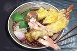  barefoot blush bowl breasts brown_eyes brown_hair chopsticks commentary_request d: food foot_grab full_body in_bowl in_container in_food kamaboko leaf medium_breasts mikazuki_akira! minigirl noodles nude open_mouth original partially_submerged personification shrimp shrimp_tempura soba soles solo splashing steam tempura 
