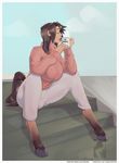  animal_humanoid big_breasts breasts brown_hair bulge clothed clothing cup dickgirl drinking equine eyes_closed hair hooves horse humanoid intersex mammal outside pants penis proxer sitting solo sweater tattoo text 