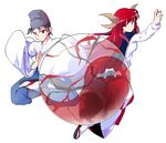  1girl alphes_(style) bangs black_hair blue_cape blue_hat blue_pants breasts cape closed_mouth dairi full_body hakama hands_together haori hat japanese_clothes long_hair long_sleeves medium_breasts pants parody red_eyes red_hair see-through shingyoku shingyoku_(male) short_hair smile style_parody tabi tate_eboshi touhou touhou_(pc-98) transparent_background tsurime white_footwear yin_yang 