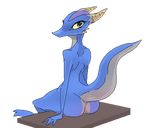  2018 ambiguous_gender anthro blue_skin butt kobold looking_at_viewer looking_back mediocre_scrublord nude raised_tail scalie simple_background solo 