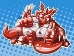  2015 3_fingers 3_toes abstract_background anthro barcode claws digimon digital_drawing_(artwork) digital_media_(artwork) duo guilmon male nude open_mouth rubber scalie shiny simple_background smile soul-silver-dragon toe_claws toes 