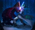  2018 angiewolf anthro black_fur canine clothed clothing digital_drawing_(artwork) digital_media_(artwork) duo fur green_eyes green_hair green_nose hair lightsaber male mammal red_eyes red_hair snow snowing standing star_wars 