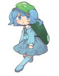  :o backpack bag bangs blue_eyes blue_footwear blue_hair blue_shirt blue_skirt blush boots chibi full_body green_backpack green_hat hair_bobbles hair_ornament hand_in_pocket hat highres kawashiro_nitori key key_necklace knee_boots long_sleeves looking_at_viewer parted_lips sasa_kichi shirt simple_background skirt solo touhou twintails two_side_up white_background wing_collar 