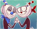  2017 animate_inanimate atlas-white clothing cuphead_(character) cuphead_(game) digital_media_(artwork) eyes_closed gloves hi_res humanoid male mugman not_furry object_head scarf simple_background video_games 