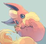  blue_background blue_eyes closed_mouth commentary_request flareon gen_1_pokemon looking_at_viewer lying manino_(mofuritaionaka) no_humans on_side pokemon pokemon_(creature) simple_background solo 