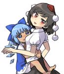  bare_arms barefoot black_hair black_skirt bloomers blue_bow blue_dress blue_eyes blue_hair bow cirno commentary_request crying crying_with_eyes_open dress hair_bow hat hug leg_lock looking_at_viewer multiple_girls pom_pom_(clothes) puffy_short_sleeves puffy_sleeves red_eyes sasa_kichi shaft_look shameimaru_aya short_dress short_sleeves simple_background skirt sweatdrop tan tanned_cirno tears tokin_hat touhou underwear white_background 