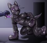  2016 anthro bdsm boots canine chastity chastity_cage clothing collar digital_drawing_(artwork) digital_media_(artwork) dog duo english_text footwear gag gagged gas_mask hi_res lock male mammal mask paws purple_collar redflare500 rubber shiny simple_background solo_focus text 