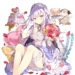  bat_wings black_wings blush bouquet breasts cake cleavage dress eyebrows_visible_through_hair flower food gloves hand_on_own_cheek heart heart_pillow holding holding_bouquet jewelry lavender_hair leg_garter long_hair looking_at_viewer medium_breasts miss_barbara neck_garter official_art pendant petals pillow pointy_ears purple_eyes rie_(reverie) rose_petals sheep sitting smile solo tears transparent_background uchi_no_hime-sama_ga_ichiban_kawaii veil wedding_cake white_gloves wings wiping_tears 