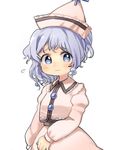  blue_eyes blue_hair blush closed_mouth eyebrows_visible_through_hair flying_sweatdrops jacket long_sleeves looking_at_viewer merlin_prismriver pink_vest sasa_kichi short_hair simple_background smile solo touhou upper_body vest white_background wing_collar 