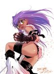  ass black_panties character_request clenched_hand commentary_request dark_skin eyebrows_visible_through_hair ez6 hand_wraps leg_wrap long_hair open_mouth panties purple_hair simple_background solo sweatdrop tan tomboy underwear white_background yellow_eyes 