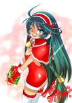  ;) ahoge bell blush box breasts capelet character_request christmas cleavage commentary_request dress ez6 fingerless_gloves fur_trim gift gift_box gloves green_eyes green_hair hair_bell hair_ornament hairband highres long_hair looking_back one_eye_closed red_capelet red_dress red_gloves santa_costume small_breasts smile solo thighhighs v_arms very_long_hair white_legwear zettai_ryouiki 