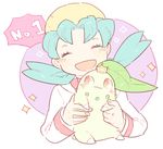  aqua_hair chikorita closed_eyes crystal_(pokemon) gen_2_pokemon holding katiko lowres pokemon pokemon_(creature) pokemon_(game) pokemon_gsc smile 