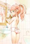  ass bangs bare_back bath bathroom blush commentary_request convenient_arm eyebrows_visible_through_hair final_fantasy final_fantasy_xiv from_behind green_eyes hair_ornament hairclip holding lalafell long_hair looking_at_viewer looking_back mayafufu mirror nanamo_ul_namo open_mouth panties pink_hair pointy_ears print_panties reflection signature sink solo topless twintails underwear underwear_only white_panties 
