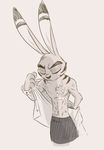  anthro black_and_white clothed clothing disney ear_markings facial_markings fur_markings jack_savage lagomorph male mammal markings monochrome rabbit rem289 scar simple_background solo topless white_background zootopia 