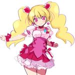  bangs blonde_hair blush choker closed_mouth cowboy_shot cure_peach dress earrings eyebrows_visible_through_hair fresh_precure! hair_between_eyes hair_ornament head_tilt heart heart_earrings heart_hair_ornament jewelry kurasuke long_hair looking_at_viewer momozono_love outstretched_arm pink_dress pink_eyes precure puffy_short_sleeves puffy_sleeves red_choker short_sleeves simple_background smile solo twintails very_long_hair white_background wrist_cuffs 
