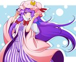  bangs blue_bow blunt_bangs bow capelet crescent crescent_hair_ornament dress eichi_yuu eyebrows_visible_through_hair hair_bow hair_ornament hat long_hair long_sleeves looking_at_viewer mob_cap patchouli_knowledge purple_eyes purple_hair red_bow solo striped touhou vertical-striped_dress vertical_stripes very_long_hair white_capelet wide_sleeves 
