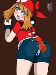  1girl artist_request ass ass_press bandanna bike_shorts blue_eyes blush breasts brown_hair cum disembodied_penis ejaculation from_behind gloves haruka_(pokemon) long_hair looking_at_viewer looking_back open_mouth penis pokemon pokemon_(anime) shiny shiny_hair sideboob smile 