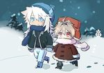  2boys ahoge bangs black_footwear black_gloves blue_eyes blue_footwear blue_gloves blue_hat blue_scarf boots brown_coat brown_hair duffel_coat fate/apocrypha fate_(series) fur-trimmed_jacket fur_coat fur_hat fur_scarf fur_trim gloves grey_jacket grey_shirt hat holding_hand jacket kuili_san long_hair long_pants looking_at_another male_focus multiple_boys open_clothes open_jacket pine_tree red_eyes red_hat saber_of_black scarf scarf_over_mouth shirt short_hair sieg_(fate/apocrypha) silver_hair snow snowing snowman white_scarf winter_clothes 