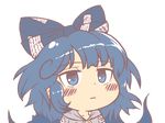  bangs blue_bow blush bow chibi commentary expressionless eyebrows_visible_through_hair gyate_gyate hair_bow hood hood_down hoodie ikiyouz long_hair short_sleeves solo touhou transparent_background upper_body yorigami_shion 
