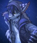  2018 angiewolf anthro blue_fur blue_hair clothed clothing digital_drawing_(artwork) digital_media_(artwork) feline fur hair inner_ear_fluff male mammal snow snowing 