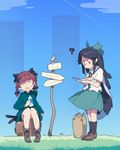  ? animal animal_ears bird black_bow black_hair blue_sky boots bottle bow brown_footwear cat_ears cat_tail closed_eyes day dress extra_ears grass green_dress green_skirt hair_bow kaenbyou_rin koukou_(climacool) miniskirt multiple_girls open_mouth outdoors reading red_eyes reiuji_utsuho shirt sign sitting skirt sky standing suitcase sweatdrop tail touhou water_bottle white_shirt 