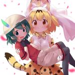  animal_ears black_gloves black_legwear blonde_hair blurry blush bow bowtie breasts bridal_veil brown_eyes c: carrying commentary depth_of_field elbow_gloves extra_ears eyebrows_visible_through_hair gloves green_eyes green_hair hands_on_own_chest hat hat_feather helmet highres kaban_(kemono_friends) kemono_friends looking_at_viewer makuran medium_breasts multicolored multicolored_clothes multicolored_gloves multiple_girls open_mouth pantyhose pantyhose_under_shorts pith_helmet princess_carry print_gloves print_neckwear print_skirt red_shirt serval_(kemono_friends) serval_ears serval_print serval_tail shirt short_hair short_sleeves shorts skirt sleeveless sleeveless_shirt small_breasts smile tail veil wavy_mouth white_background white_gloves white_hat white_shirt wife_and_wife yellow_gloves yellow_neckwear yellow_skirt yuri 