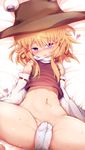  animal_print blonde_hair blush bottomless brown_hat commentary_request detached_sleeves eyebrows_visible_through_hair foot_on_pussy frog_print hagure_kedama hair_between_eyes hair_ribbon hat heart heart-shaped_pupils highres looking_at_viewer lying moriya_suwako navel purple_eyes red_ribbon ribbon ribbon-trimmed_sleeves ribbon_trim sidelocks solo spread_legs stepped_on sweat symbol-shaped_pupils tabi touhou tress_ribbon vest 