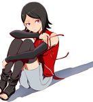  bad_id bad_pixiv_id bangs black_legwear boruto:_naruto_the_movie detached_sleeves eyewear_removed glasses holding holding_eyewear leg_hug looking_to_the_side naruto naruto_(series) niwa_yuu open_toe_boots red_eyes shadow sharingan short_hair shorts simple_background sitting solo swept_bangs thighhighs uchiha_sarada 