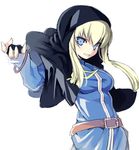  bangs belt belt_buckle black_cape black_gloves blonde_hair blue_dress blue_eyes breasts brown_belt buckle cape dress fingerless_gloves fingernails genderswap genderswap_(mtf) gloves goeniko goenitz hair_between_eyes hooded_cape kurasuke long_hair looking_at_viewer looking_to_the_side m.u.g.e.n medium_breasts midnight_bliss parted_lips simple_background smile snk solo svc_chaos the_king_of_fighters the_king_of_fighters_'96 white_background 