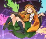  2018 :d bangs black_footwear black_hat blonde_hair blue_fire boots brown_hat circle constellation constellation_print dated detached_sleeves eyebrows eyebrows_visible_through_hair fire gradient gradient_background green_fire green_skirt hat long_hair long_sleeves looking_away looking_to_the_side matara_okina multicolored multicolored_background multicolored_clothes multicolored_hat open_mouth orange_eyes outstretched_arms pigeon-toed pink_fire purple_background see-through shikido_(khf) shirt skirt smile solo tabard tareme teeth tongue touhou triangle two-tone_background white_shirt wide_sleeves 