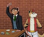  anthro black_nose brown_fur brown_hair clothed clothing duo ferret fez foxenawolf fur hair male mammal mustelid necktie pink_nose rat rodent vest whiskers 