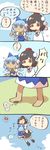  4koma barefoot black_footwear black_hair black_skirt blue_bow blue_dress blue_eyes blue_hair bow bug cicada cirno comic commentary_request dress flying hair_bow hat highres ice ice_wings insect miniskirt multiple_girls pom_pom_(clothes) red_eyes sasa_kichi shameimaru_aya shoes skirt socks sun tan tanned_cirno tokin_hat touhou translation_request white_legwear wings 
