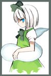  bangs blue_eyes blunt_bangs bob_cut border bow closed_mouth dress from_side green_bow green_dress green_hairband grey_border hair_bow hairband konpaku_youmu konpaku_youmu_(ghost) kurasuke looking_at_viewer looking_to_the_side profile puffy_short_sleeves puffy_sleeves shirt short_hair short_sleeves solo touhou white_background white_hair white_shirt 