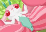  1girl antennae artist_name blush censored female furry green_background hands_up heart heart_censor hisafumi lurantis lying no_humans on_back open_mouth pink_sclera pinstripe_pattern pokemon pokemon_(creature) pokemon_sm pussy red_eyes simple_background solo spread_legs text transparent_censoring watermark 
