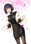  black_hair black_legwear blurry_foreground breasts cherry_blossoms dress gloves idolmaster idolmaster_cinderella_girls jewelry kaoru348 medium_breasts necklace open_mouth pantyhose petals ribbed_dress short_hair solo standing takafuji_kako yellow_eyes 