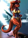  anthro clothing female kinojaggernov muscular muscular_female open_mouth scalie solo standing sweat tight_clothing wide_hips 