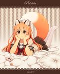 abstract_background animal_humanoid bed bracelet brown_eyes canine cellphone clothed clothing dav-19 female fox fox_humanoid fully_clothed hair head_on_hand humanoid jewelry legwear looking_at_viewer lying mammal on_bed on_front orange_hair patricia_(dav-19) phone pillow relaxing ribbons sailor_fuku skirt socks solo 