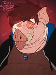  2015 anthro beard binturongboy brown_hair clothed clothing digital_drawing_(artwork) digital_media_(artwork) english_text facial_hair hair hi_res human male mammal mind_control pig porcine red_background simple_background slightly_chubby solo spiral spiral_eyes text tongue tongue_out transformation tusks 